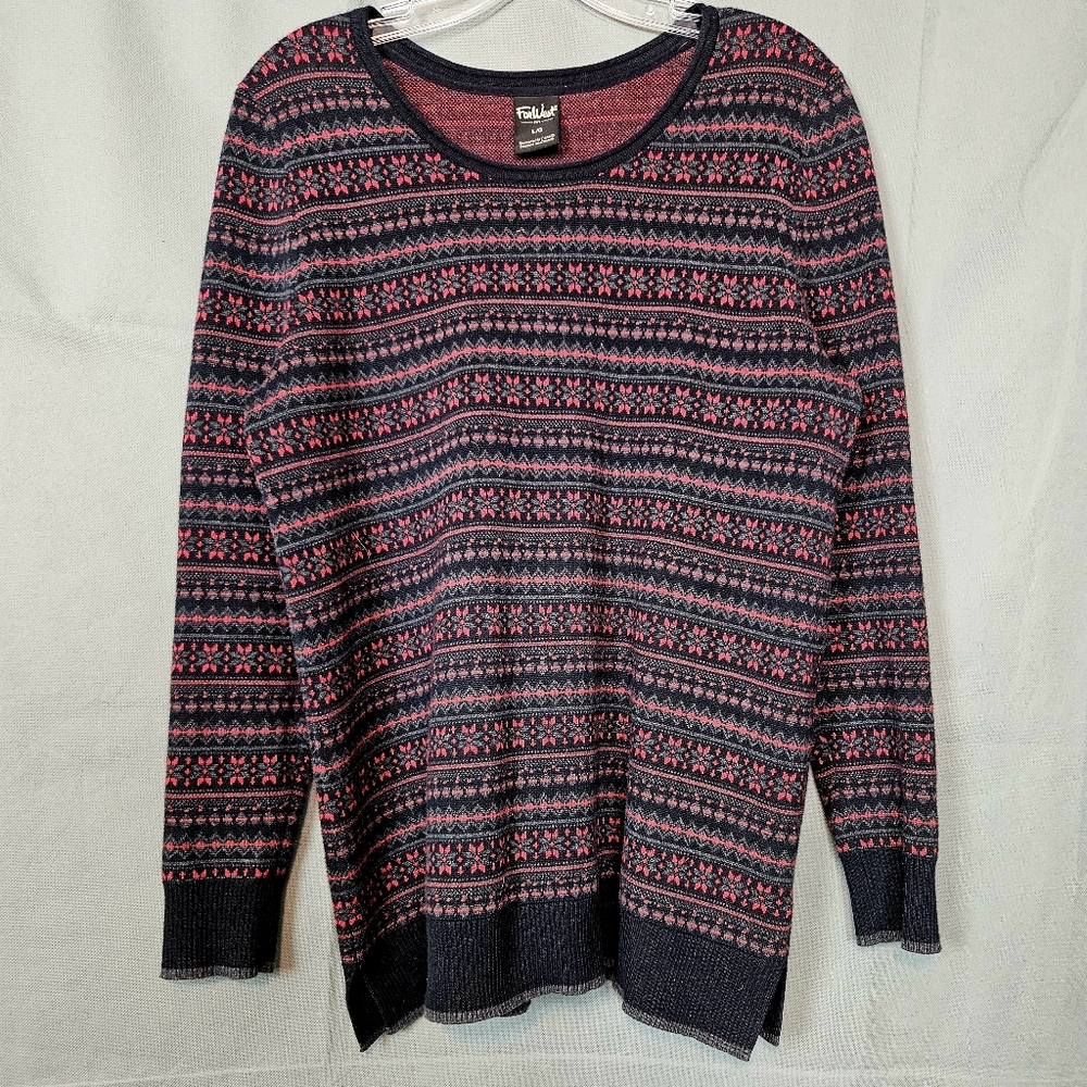 Talbots Navy and Pink Patterned Crew Neck Sweater